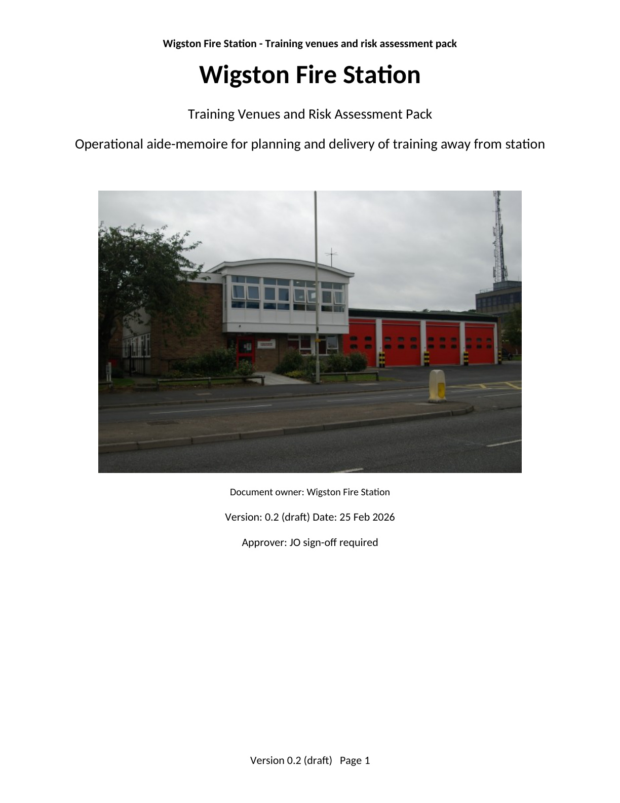 Page 1 of the Wigston Fire Station Training Venues and Risk Assessment Pack