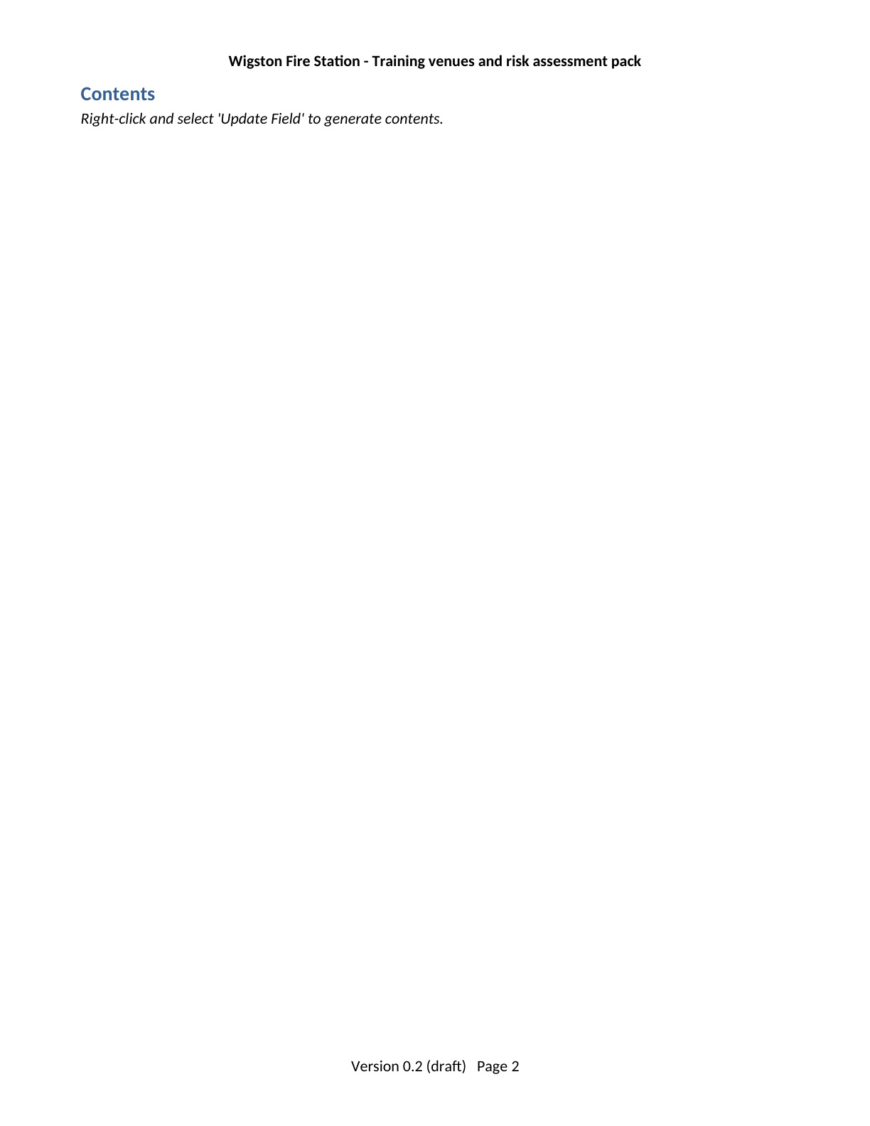 Page 2 of the Wigston Fire Station Training Venues and Risk Assessment Pack