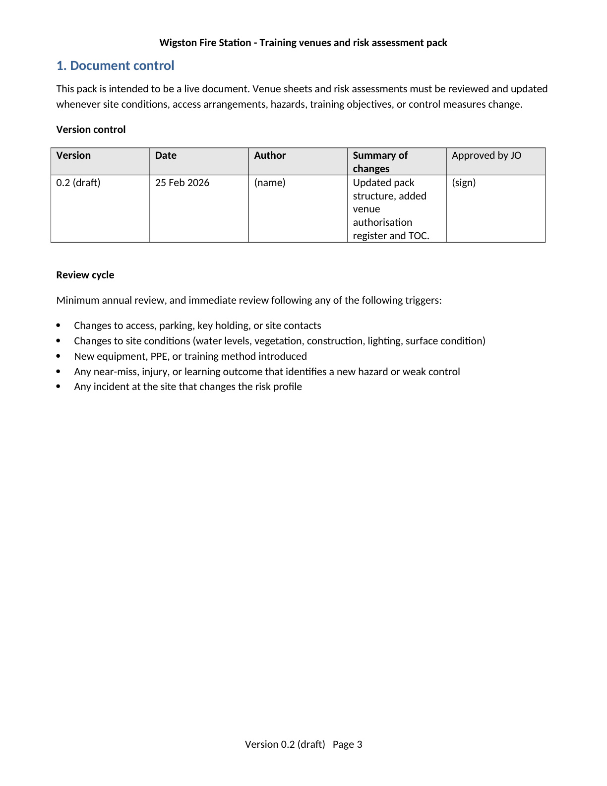 Page 3 of the Wigston Fire Station Training Venues and Risk Assessment Pack