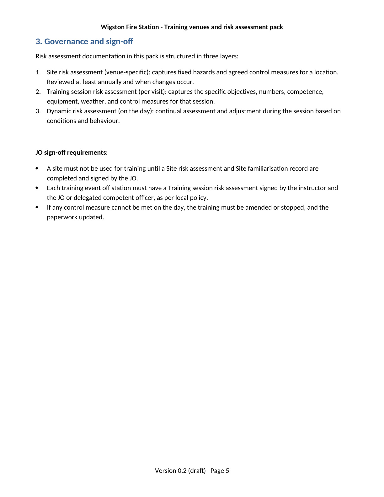 Page 5 of the Wigston Fire Station Training Venues and Risk Assessment Pack