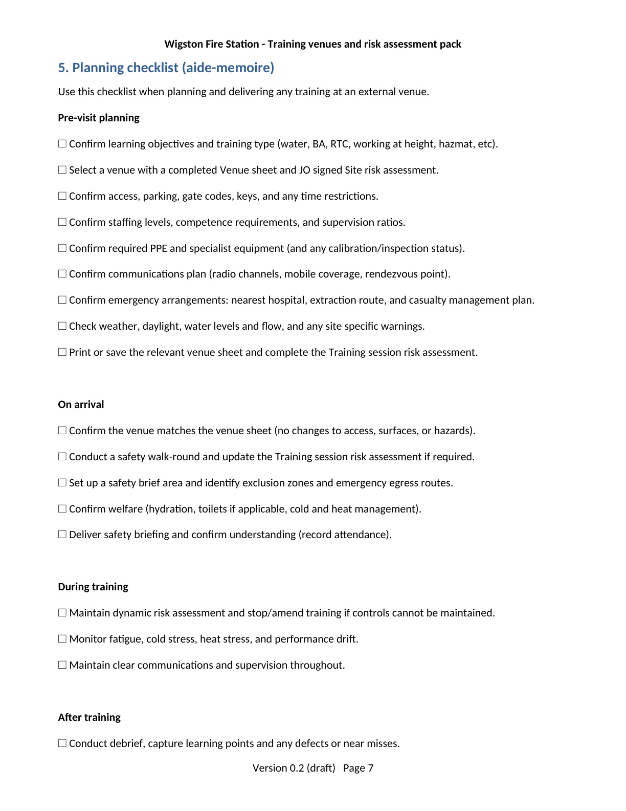 Page 7 of the Wigston Fire Station Training Venues and Risk Assessment Pack