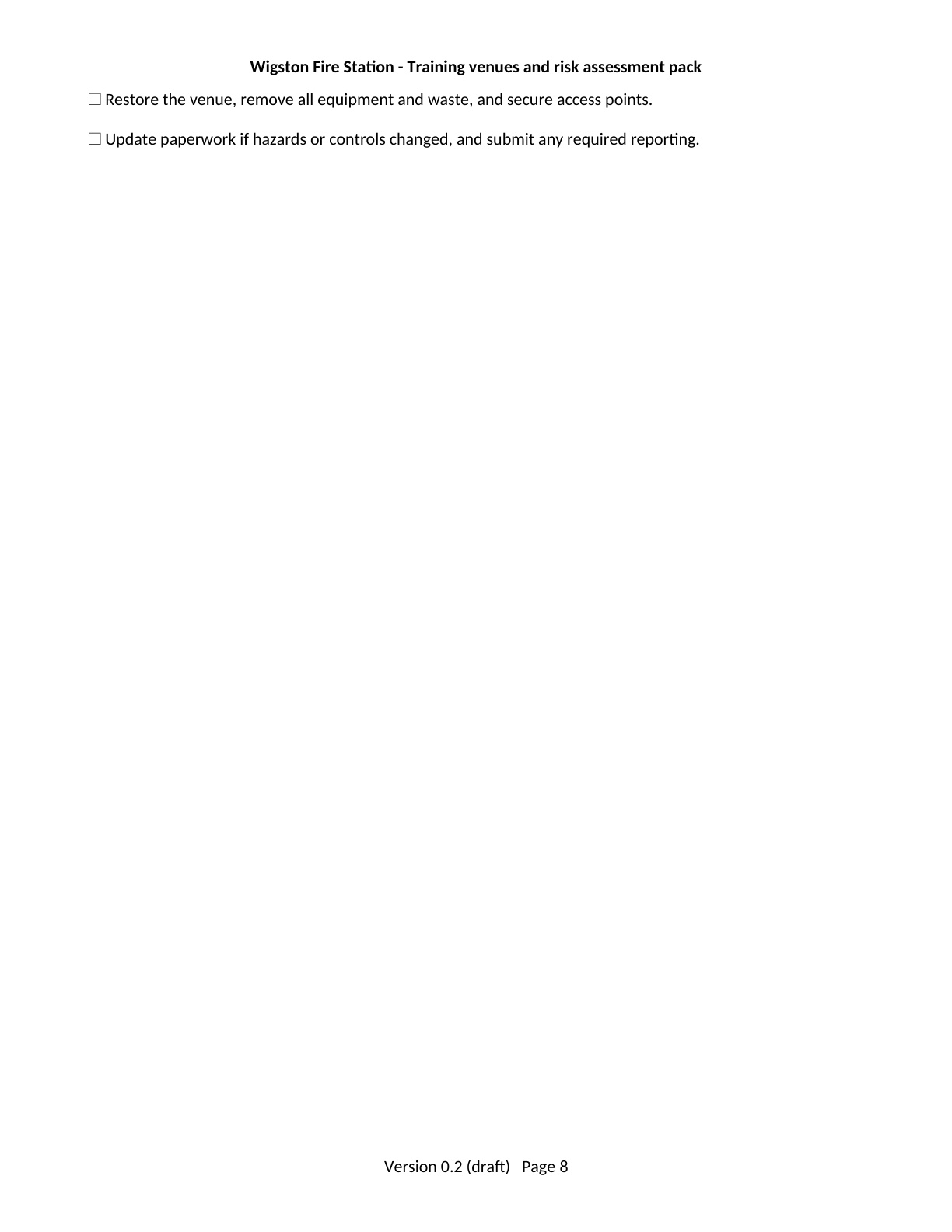 Page 8 of the Wigston Fire Station Training Venues and Risk Assessment Pack