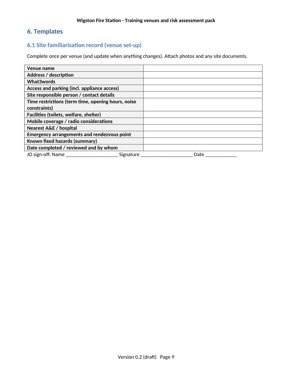 Page 9 of the Wigston Fire Station Training Venues and Risk Assessment Pack