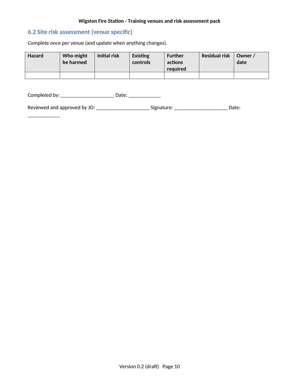 Page 10 of the Wigston Fire Station Training Venues and Risk Assessment Pack