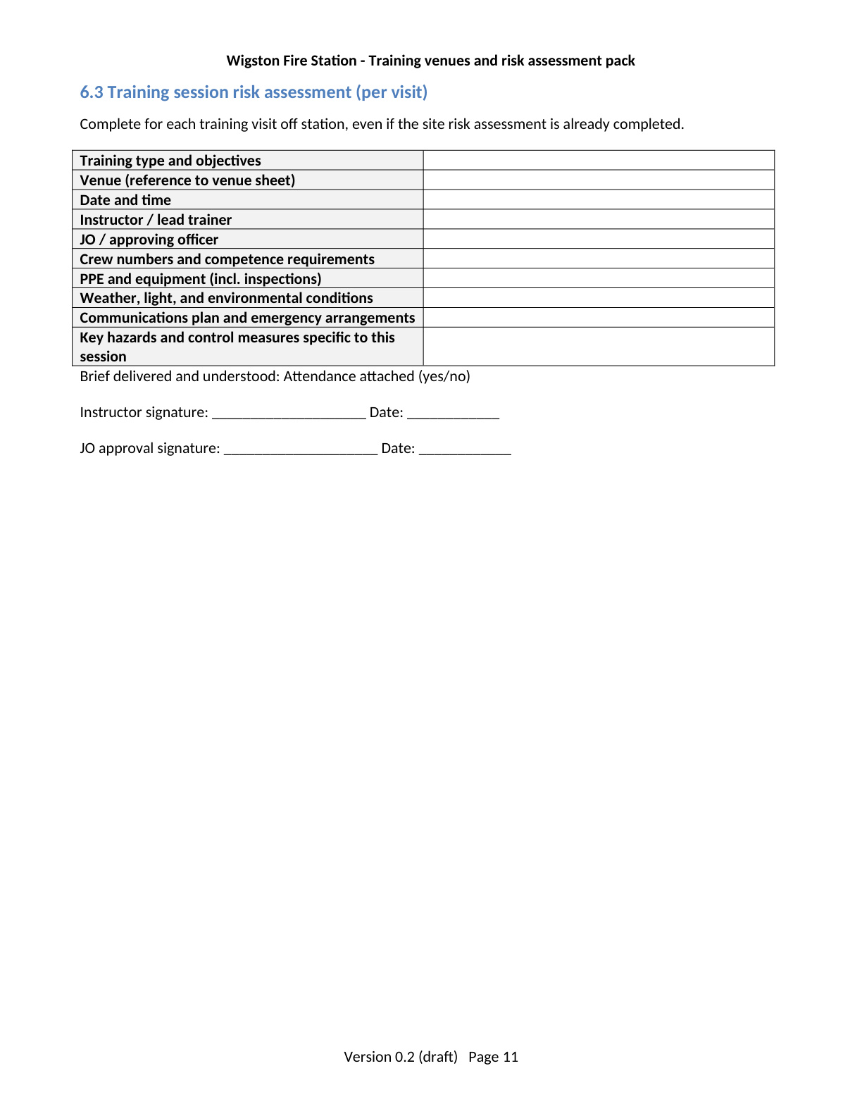Page 11 of the Wigston Fire Station Training Venues and Risk Assessment Pack