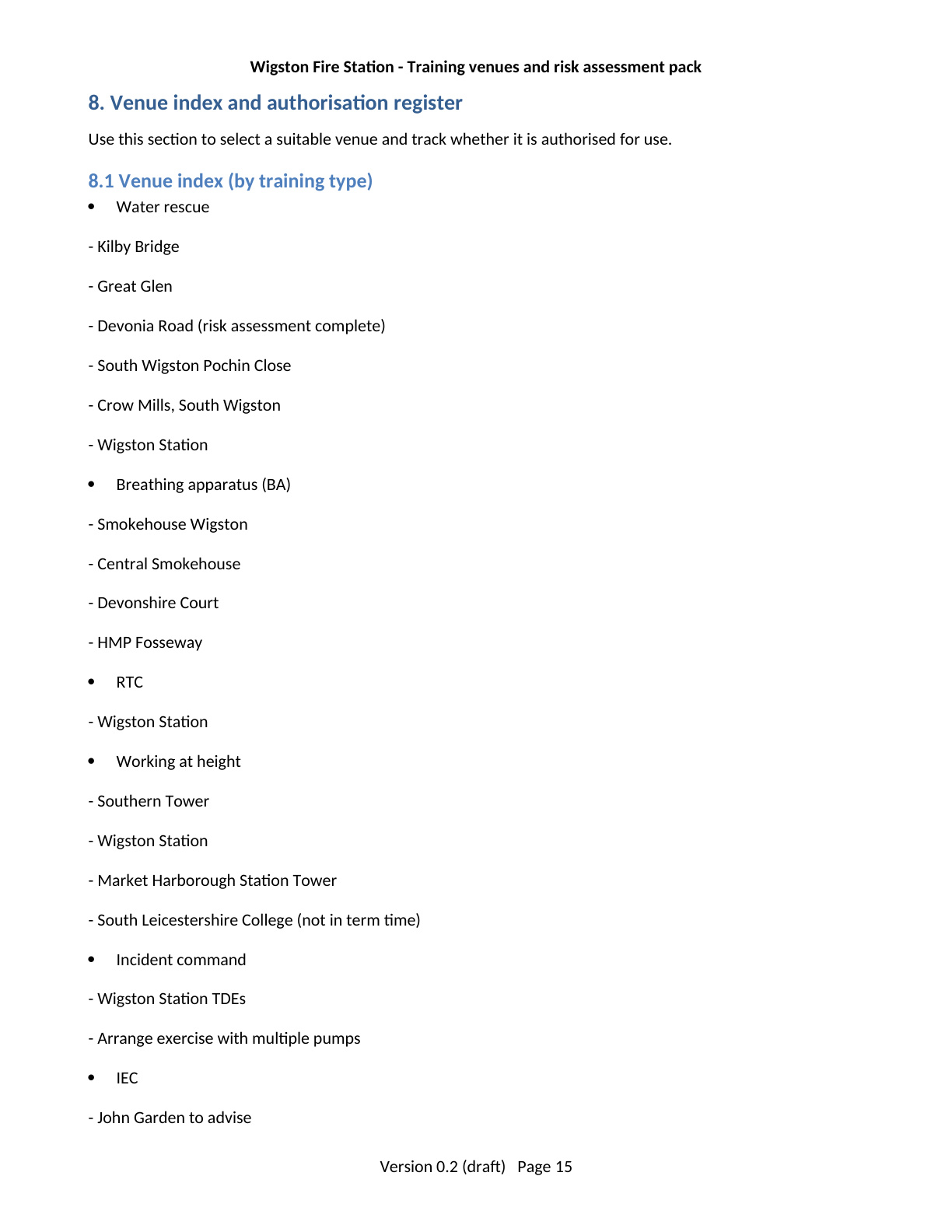 Page 15 of the Wigston Fire Station Training Venues and Risk Assessment Pack