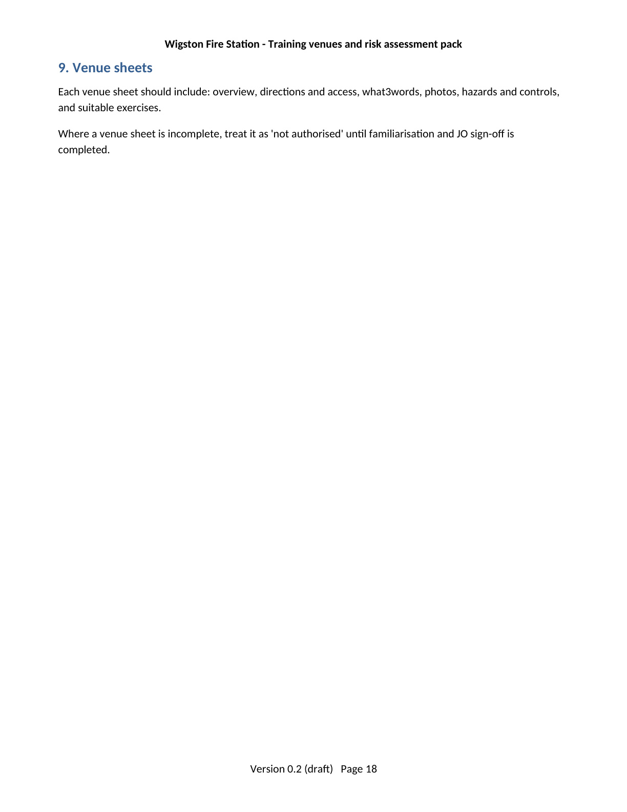 Page 18 of the Wigston Fire Station Training Venues and Risk Assessment Pack
