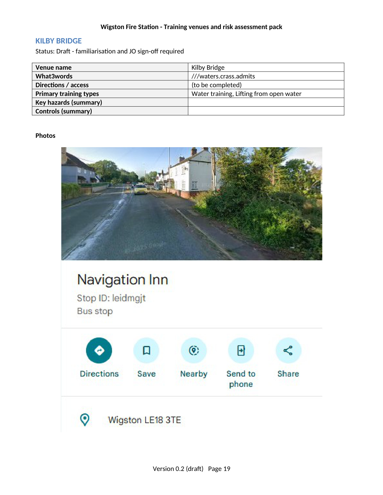 Page 19 of the Wigston Fire Station Training Venues and Risk Assessment Pack