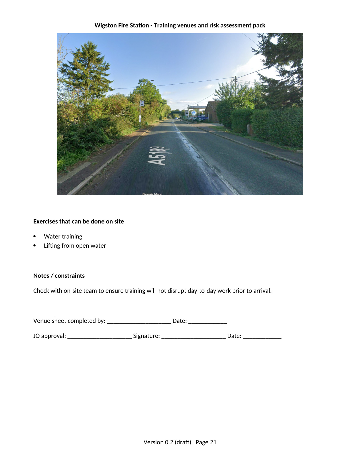 Page 21 of the Wigston Fire Station Training Venues and Risk Assessment Pack