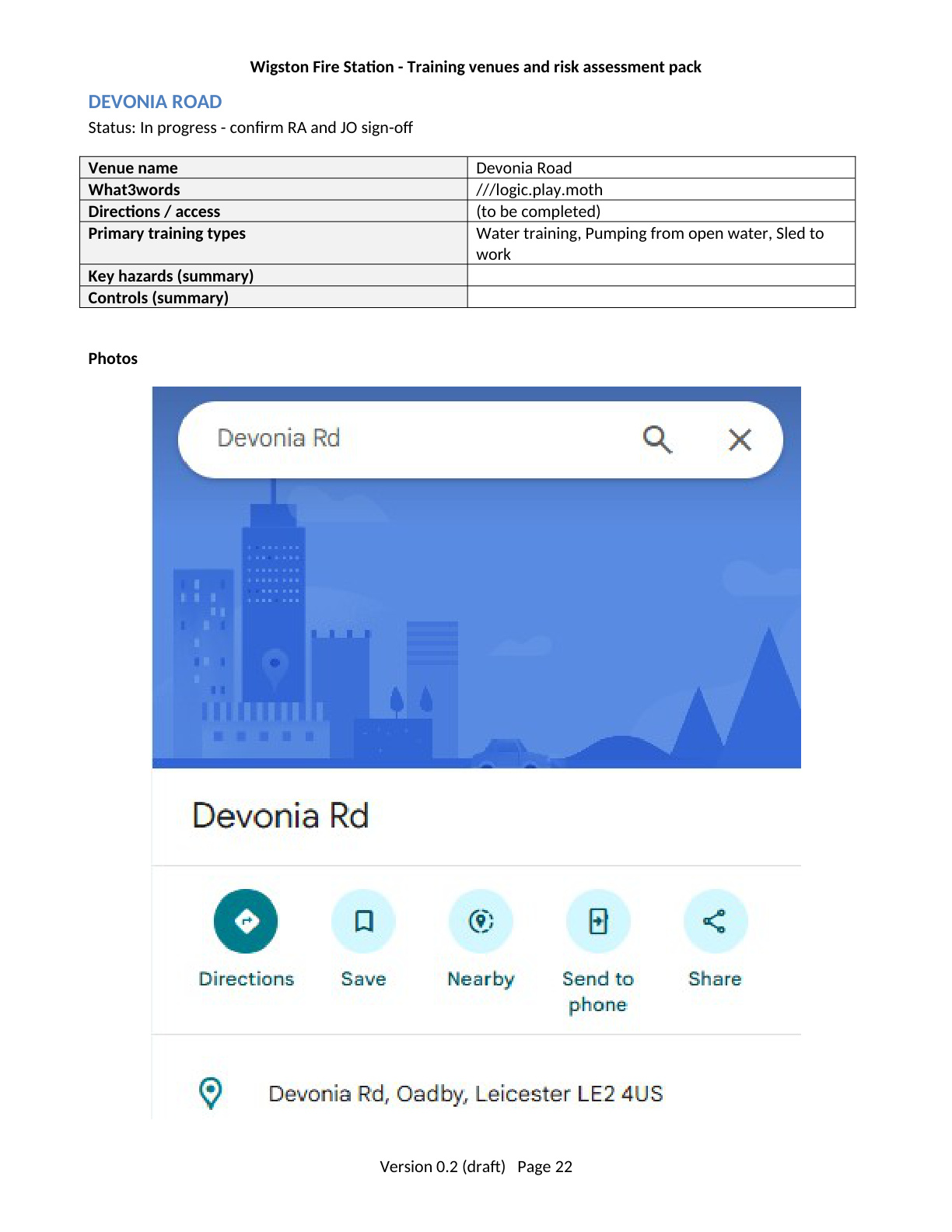 Page 22 of the Wigston Fire Station Training Venues and Risk Assessment Pack