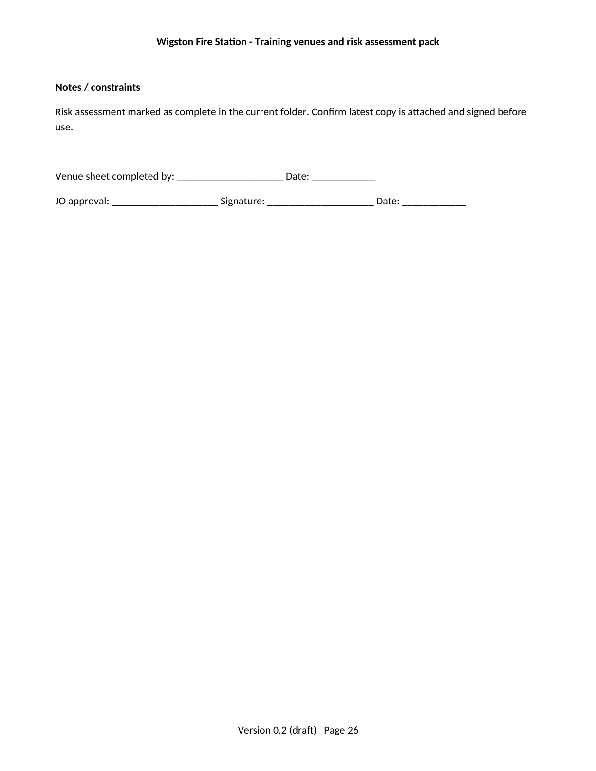 Page 26 of the Wigston Fire Station Training Venues and Risk Assessment Pack