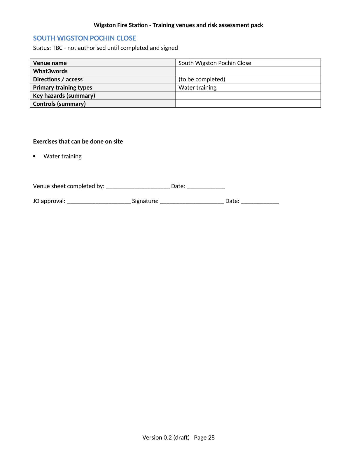 Page 28 of the Wigston Fire Station Training Venues and Risk Assessment Pack