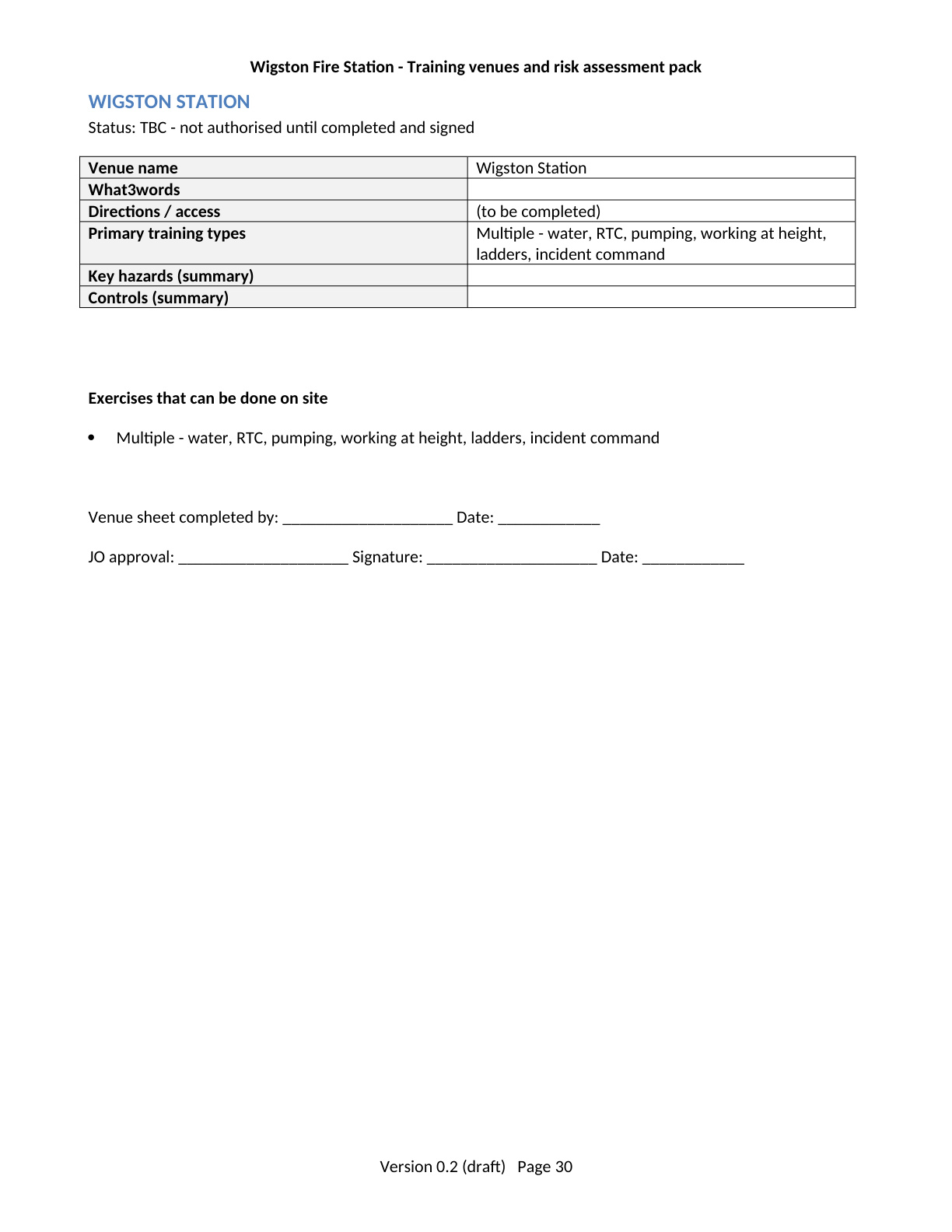 Page 30 of the Wigston Fire Station Training Venues and Risk Assessment Pack