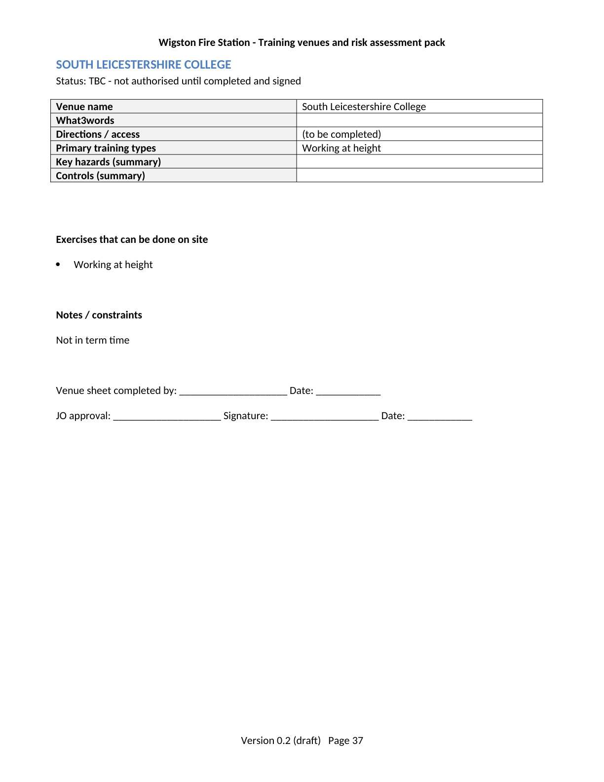 Page 37 of the Wigston Fire Station Training Venues and Risk Assessment Pack