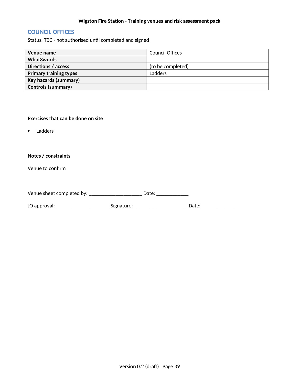 Page 39 of the Wigston Fire Station Training Venues and Risk Assessment Pack