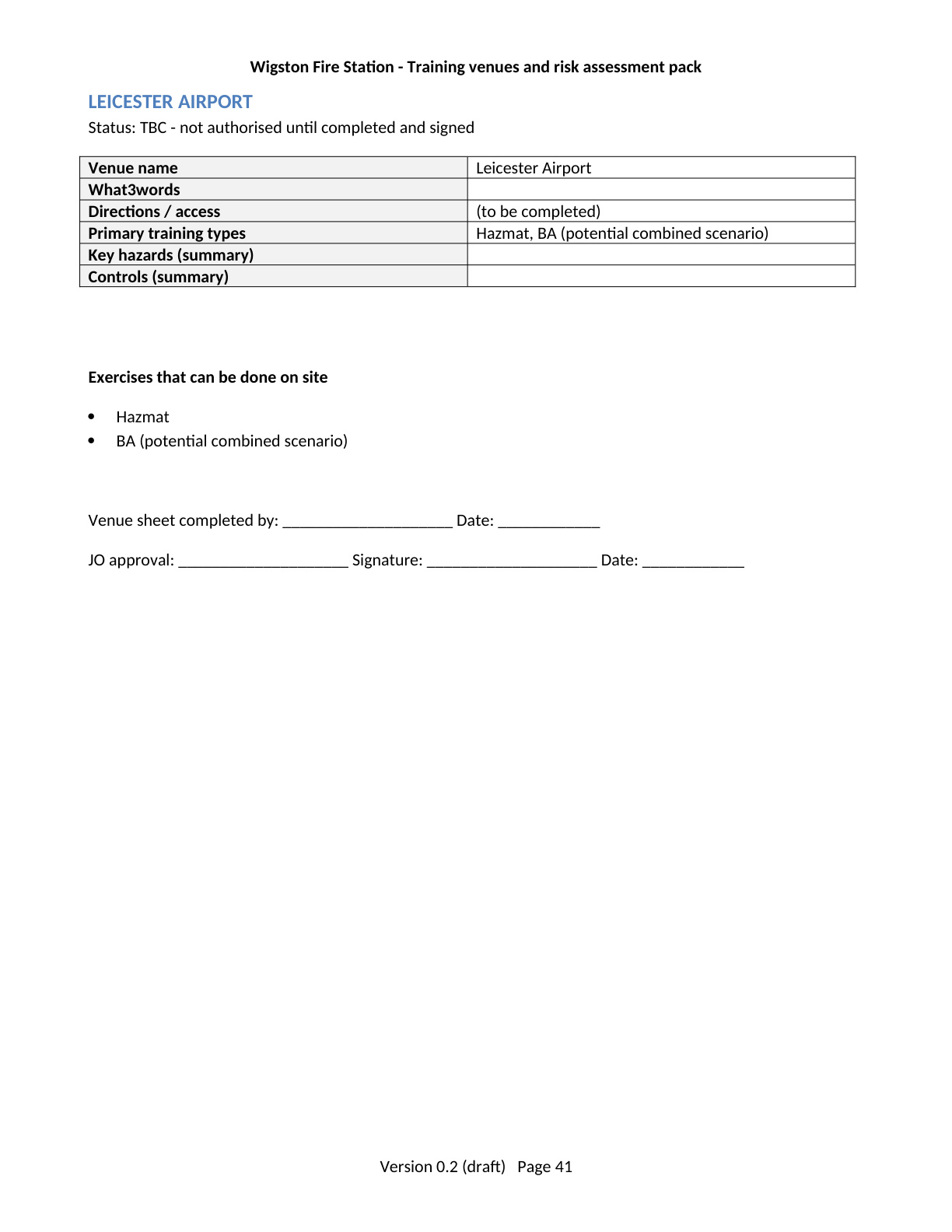 Page 41 of the Wigston Fire Station Training Venues and Risk Assessment Pack